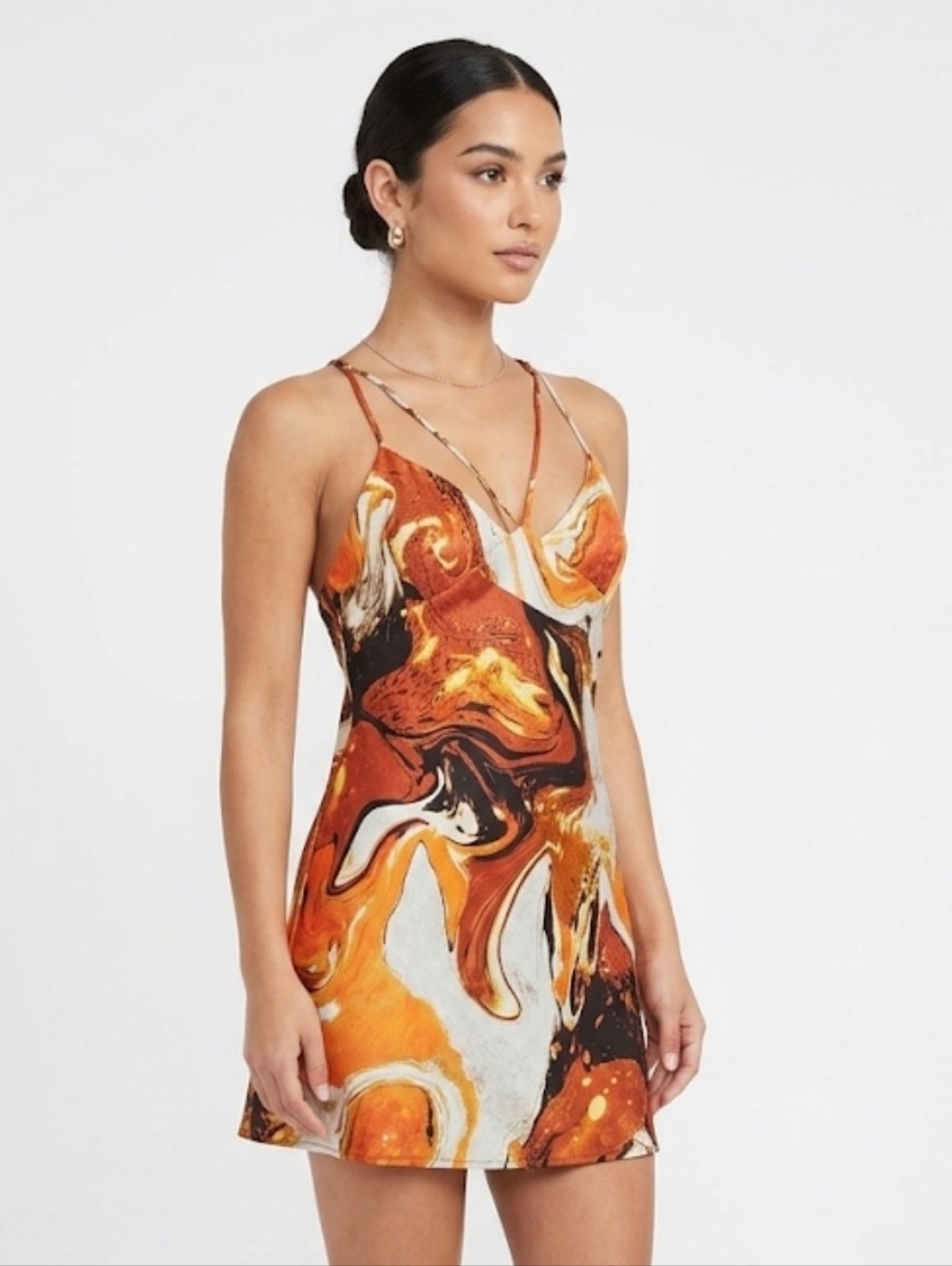 Urban Outfitters Orange Marble Swirl Satin Mini Slip Dress Strappy Boho S